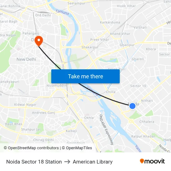 Noida Sector 18 Station to American Library map
