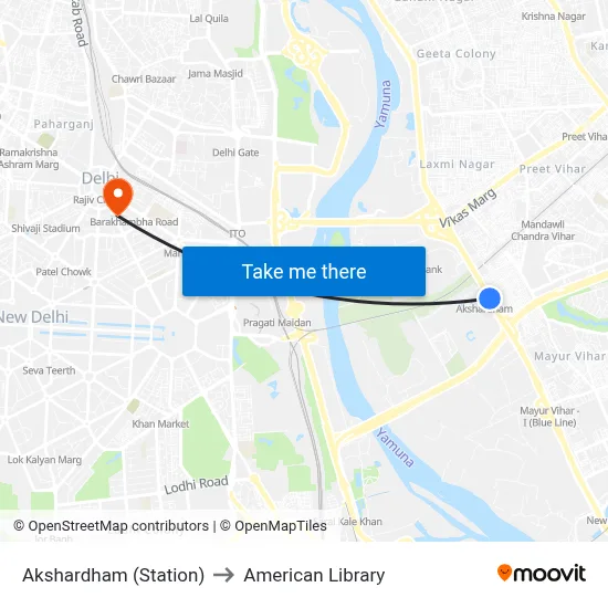Akshardham (Station) to American Library map