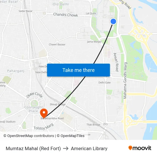 Mumtaz Mahal (Red Fort) to American Library map