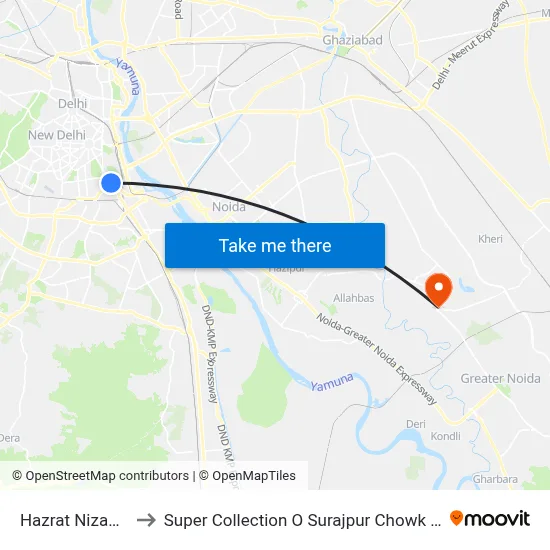 Hazrat Nizamuddin to Super Collection O Surajpur Chowk Greater Noida map