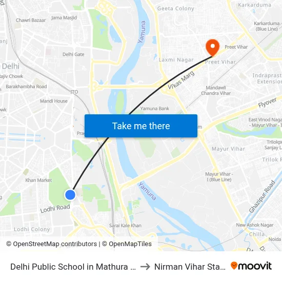 Delhi Public School in Mathura Road, Dr. Zakir Hussain Marg, Delhi Golf Club, Golf Links, New Delhi to Nirman Vihar Station map