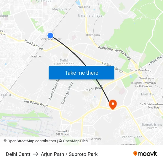 Delhi Cantt to Arjun Path / Subroto Park map