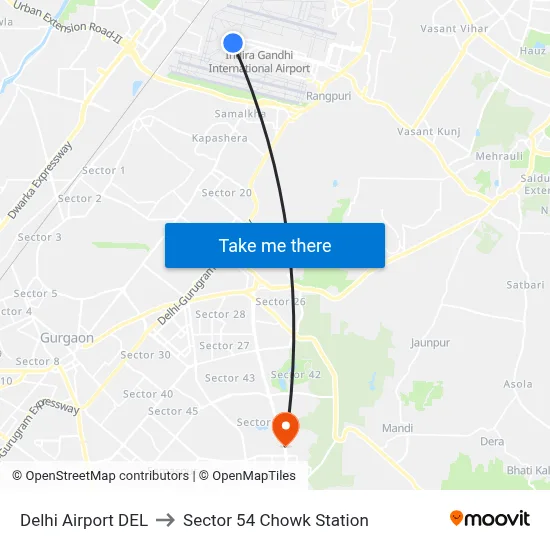 Delhi Airport DEL to Sector 54 Chowk Station map