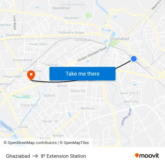 Ghaziabad to IP Extension Station map