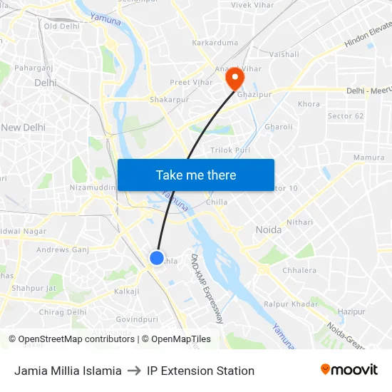 Jamia Millia Islamia to IP Extension Station map