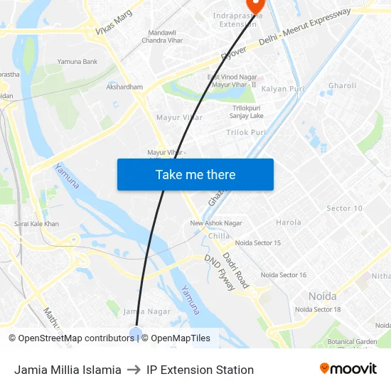 Jamia Millia Islamia to IP Extension Station map