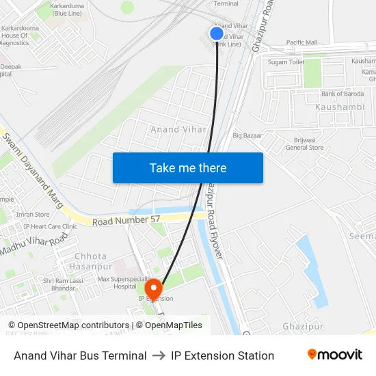 Anand Vihar Bus Terminal to IP Extension Station map