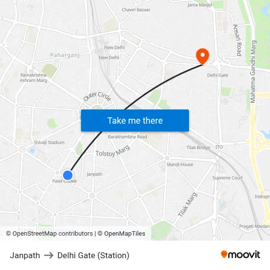 Janpath to Delhi Gate (Station) map