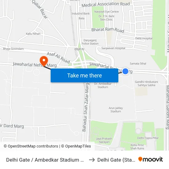 Delhi Gate / Ambedkar Stadium Terminal to Delhi Gate (Station) map