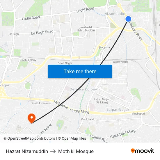 Hazrat Nizamuddin to Moth ki Mosque map