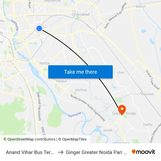 Anand Vihar Bus Terminal to Ginger Greater Noida Pari Chowk map