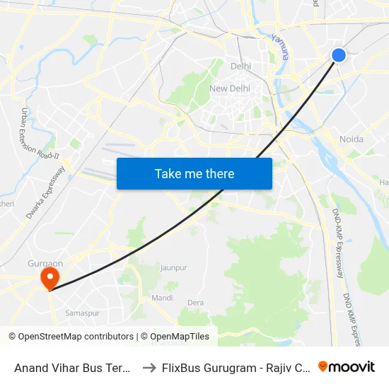 Anand Vihar Bus Terminal to FlixBus Gurugram - Rajiv Chowk map
