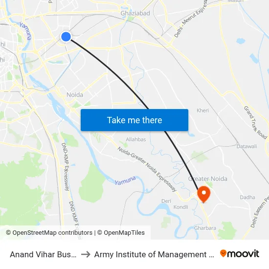 Anand Vihar Bus Terminal to Army Institute of Management and Technology map