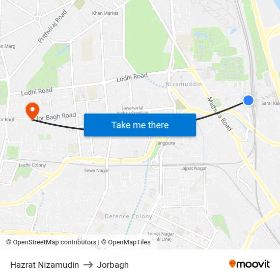 Hazrat Nizamudin to Jorbagh map