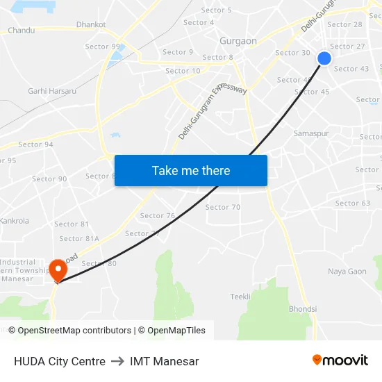 HUDA City Centre to IMT Manesar map