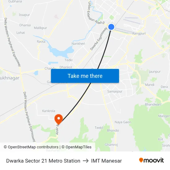Dwarka Sector 21 Metro Station to IMT Manesar map