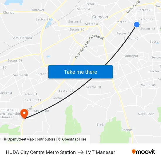 HUDA City Centre Metro Station to IMT Manesar map