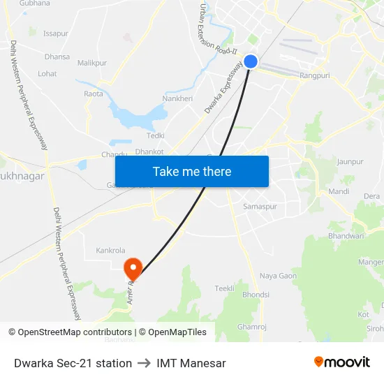 Dwarka Sec-21 station to IMT Manesar map