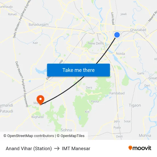 Anand Vihar (Station) to IMT Manesar map