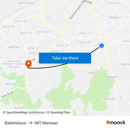 Badshahpur to IMT Manesar map