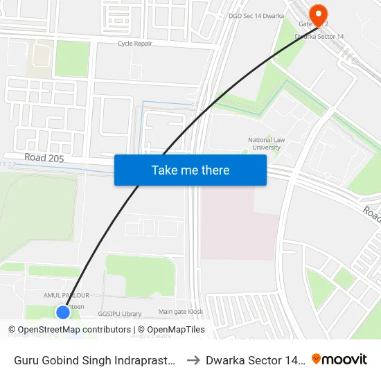 Guru Gobind Singh Indraprastha University to Dwarka Sector 14 Station map