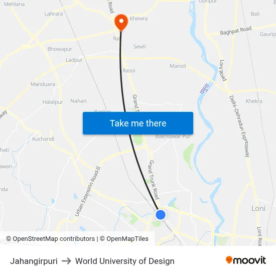 Jahangirpuri to World University of Design map
