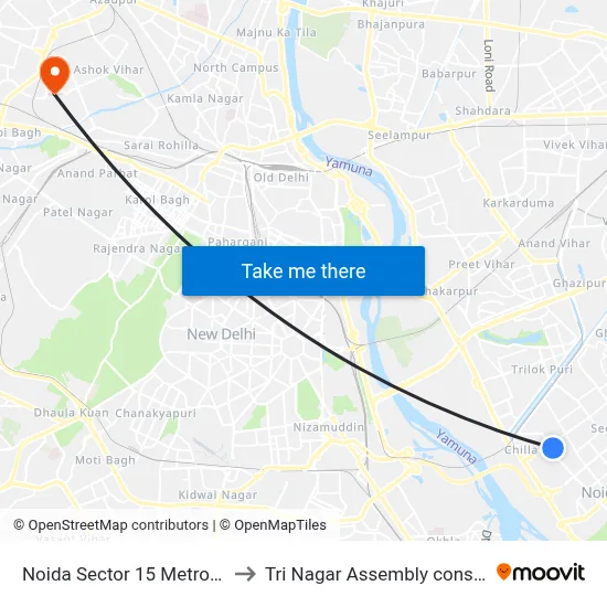 Noida Sector 15 Metro Station to Tri Nagar Assembly constituency map