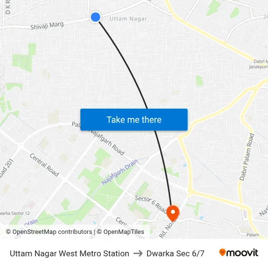 Uttam Nagar West Metro Station to Dwarka Sec 6/7 map