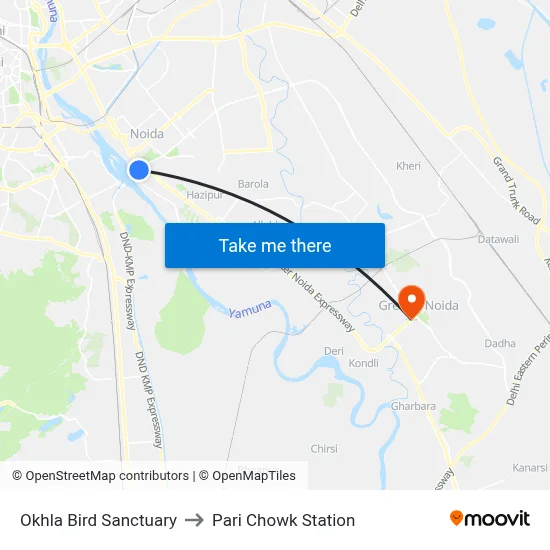 Okhla Bird Sanctuary to Pari Chowk Station map