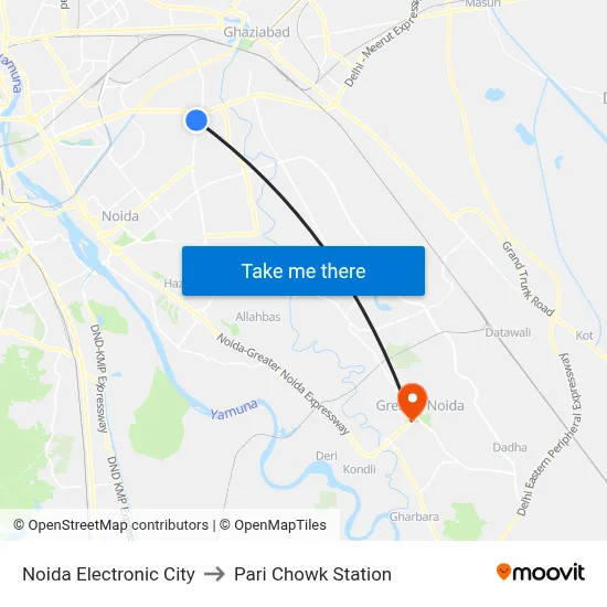 Noida Electronic City to Pari Chowk Station map