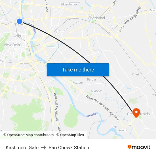 Kashmere Gate to Pari Chowk Station map