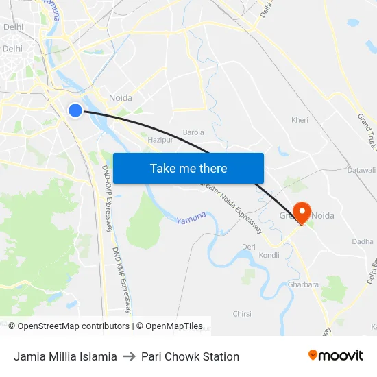 Jamia Millia Islamia to Pari Chowk Station map
