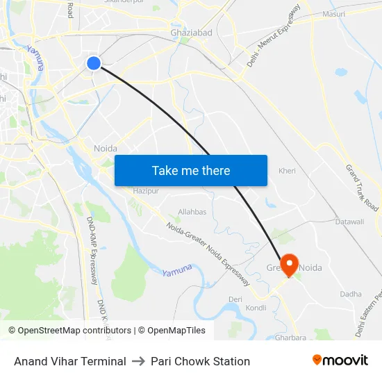 Anand Vihar Terminal to Pari Chowk Station map