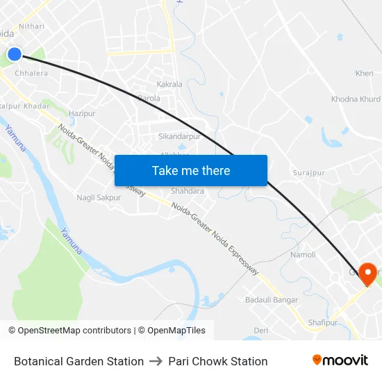 Botanical Garden Station to Pari Chowk Station map