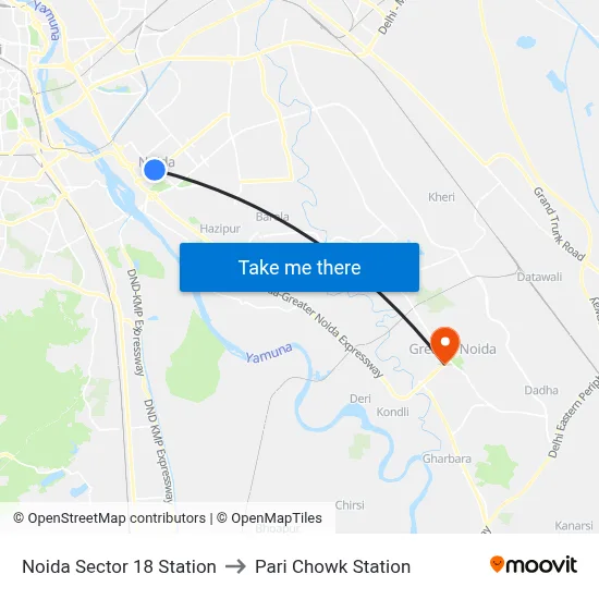Noida Sector 18 Station to Pari Chowk Station map