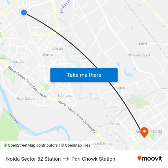 Noida Sector 52 Station to Pari Chowk Station map