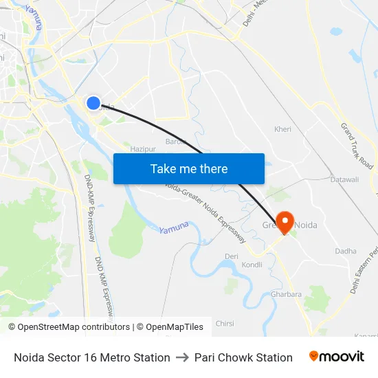 Noida Sector 16 Metro Station to Pari Chowk Station map