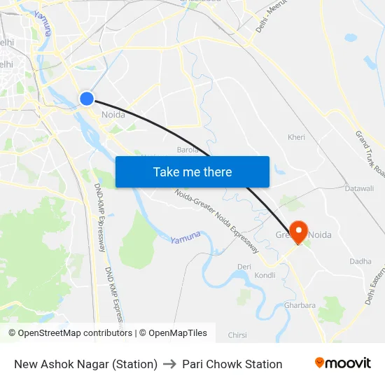 New Ashok Nagar (Station) to Pari Chowk Station map