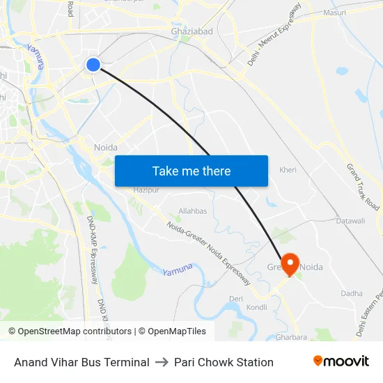 Anand Vihar Bus Terminal to Pari Chowk Station map