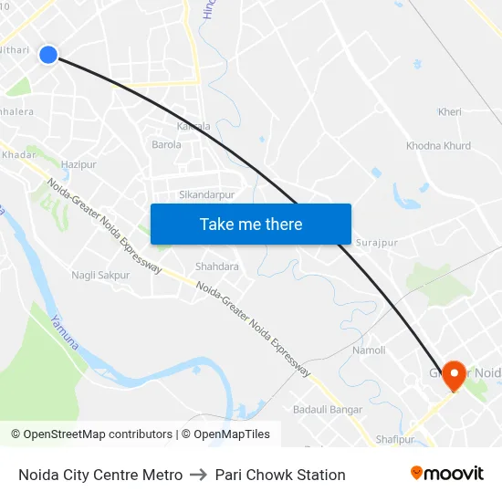 Noida City Centre Metro to Pari Chowk Station map