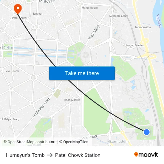 Humayun's Tomb to Patel Chowk Station map