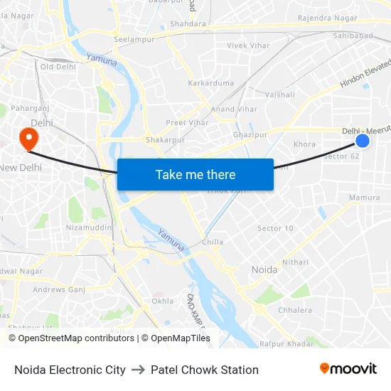 Noida Electronic City to Patel Chowk Station map