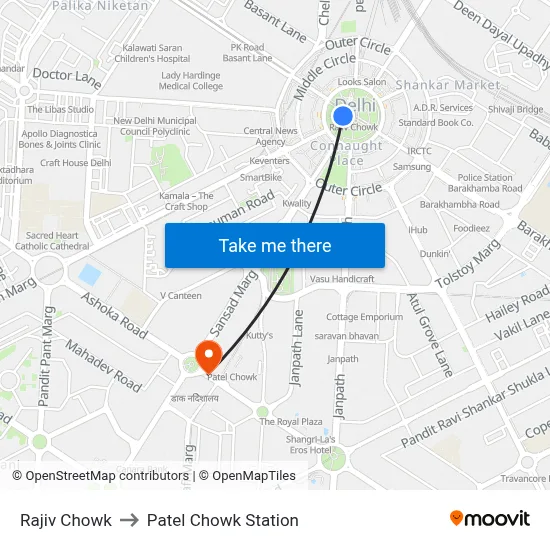 Rajiv Chowk to Patel Chowk Station map