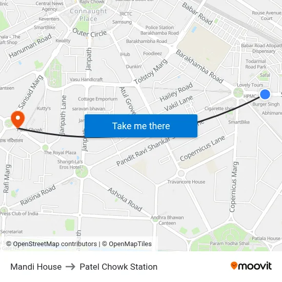 Mandi House to Patel Chowk Station map
