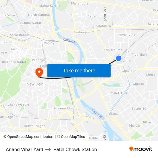 Anand Vihar Yard to Patel Chowk Station map