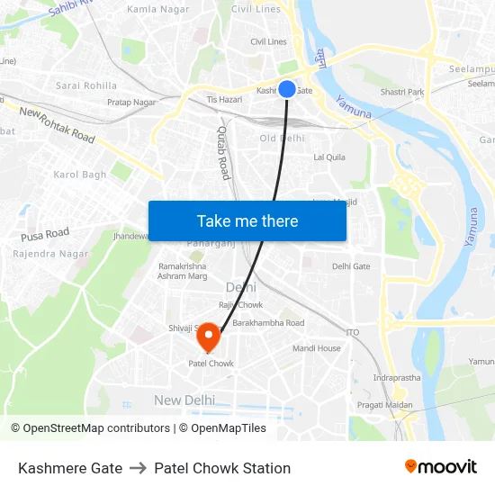 Kashmere Gate to Patel Chowk Station map