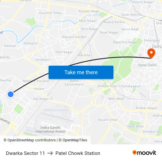 Dwarka Sector 11 to Patel Chowk Station map
