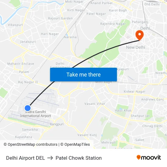 Delhi Airport DEL to Patel Chowk Station map