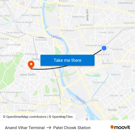 Anand Vihar Terminal to Patel Chowk Station map