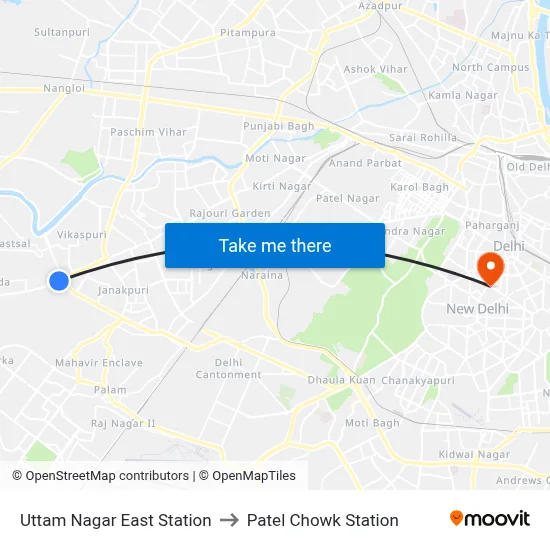 Uttam Nagar East Station to Patel Chowk Station map